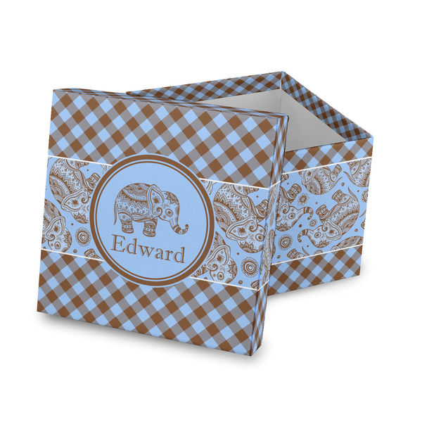 Custom Gingham & Elephants Gift Box with Lid - Canvas Wrapped (Personalized)