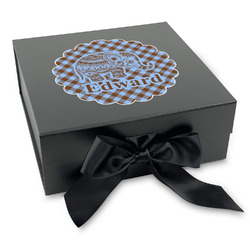 Gingham & Elephants Gift Box with Magnetic Lid - Black (Personalized)