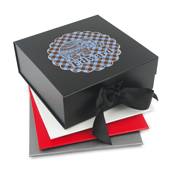 Custom Gingham & Elephants Gift Box with Magnetic Lid (Personalized)