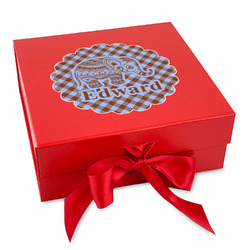 Gingham & Elephants Gift Box with Magnetic Lid - Red (Personalized)