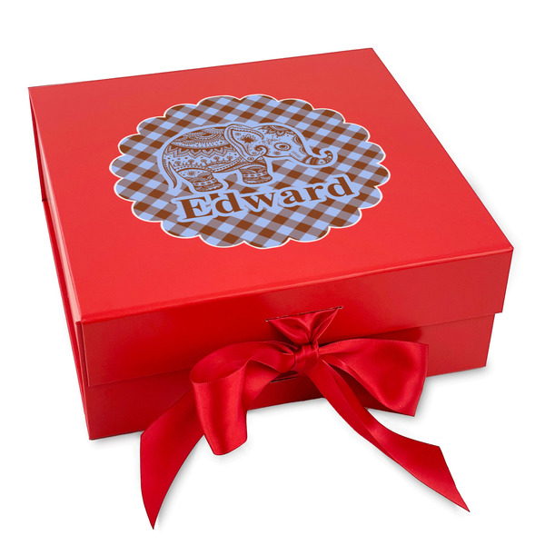 Custom Gingham & Elephants Gift Box with Magnetic Lid - Red (Personalized)