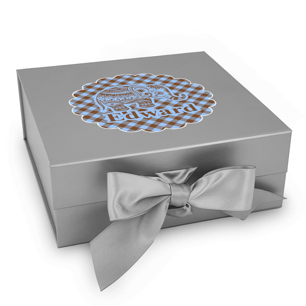 Custom Gingham & Elephants Gift Box with Magnetic Lid - Silver (Personalized)