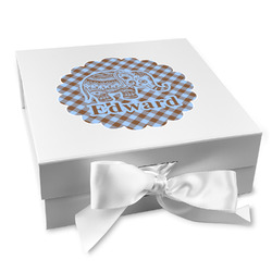 Gingham & Elephants Gift Box with Magnetic Lid - White (Personalized)