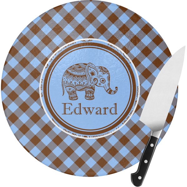 Custom Gingham & Elephants Round Glass Cutting Board (Personalized)