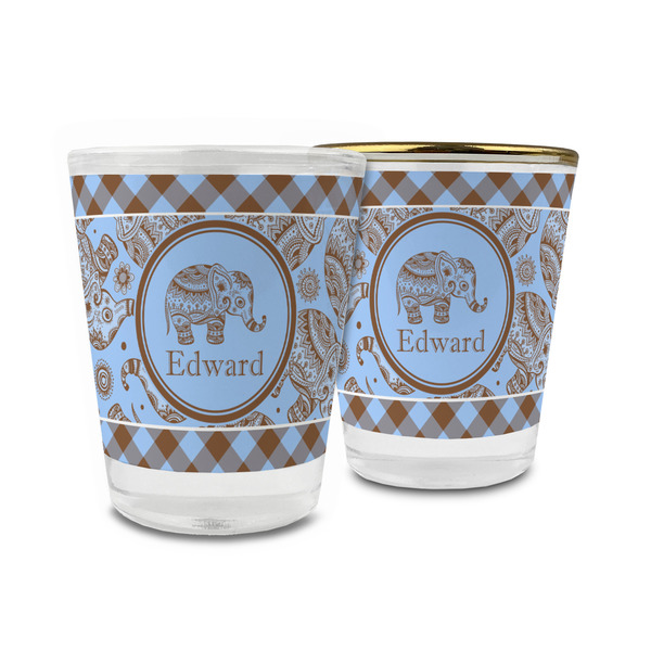 Custom Gingham & Elephants Glass Shot Glass - 1.5 oz (Personalized)