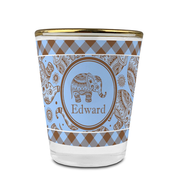 Gingham & Elephants Glass Shot Glass - With gold rim - FRONT