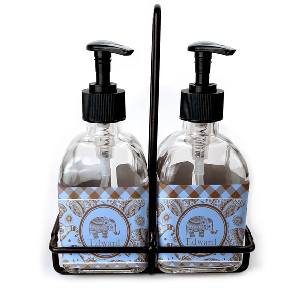 Custom Gingham & Elephants Glass Soap & Lotion Bottle Set (Personalized)