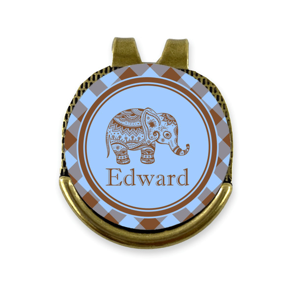 Custom Gingham & Elephants Golf Ball Marker - Hat Clip - Gold