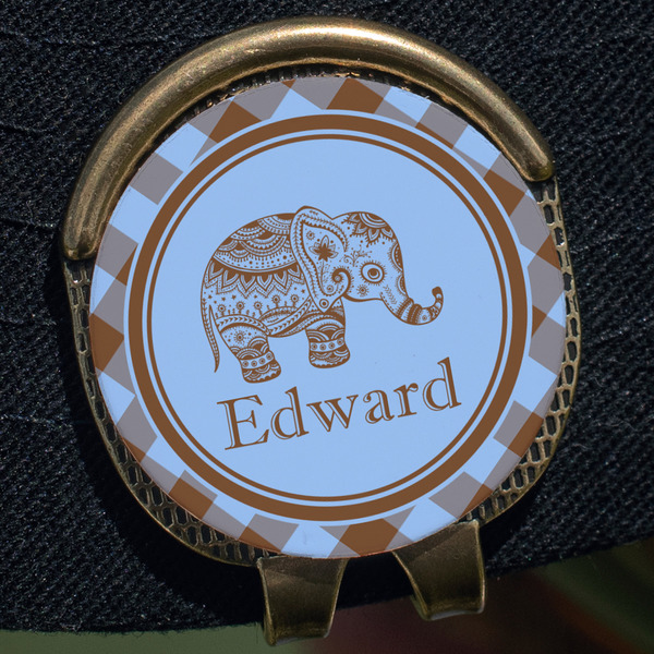 Gingham & Elephants Golf Ball Marker Hat Clip - Gold - Close Up