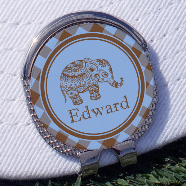 Custom Gingham & Elephants Golf Ball Marker - Hat Clip