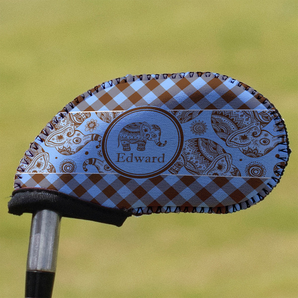 Custom Gingham & Elephants Golf Club Iron Cover (Personalized)