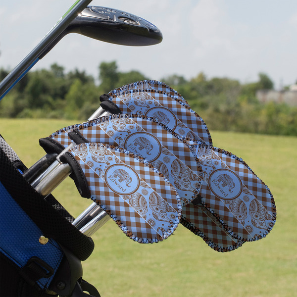 Custom Gingham & Elephants Golf Club Iron Cover - Set of 9 (Personalized)