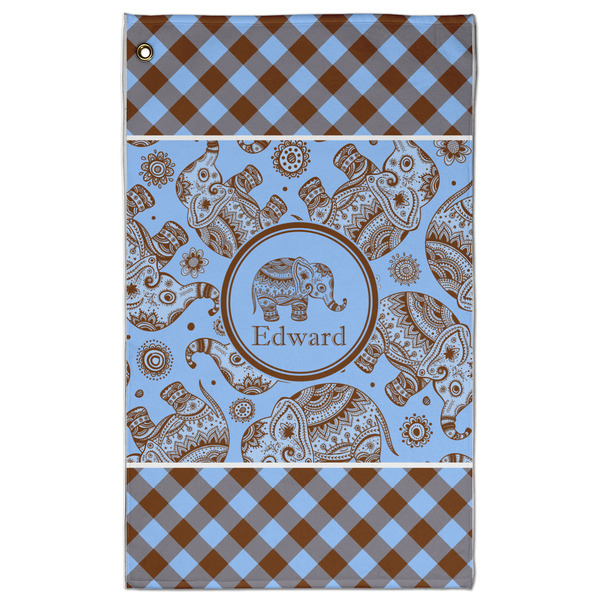 Custom Gingham & Elephants Golf Towel - Poly-Cotton Blend w/ Name or Text