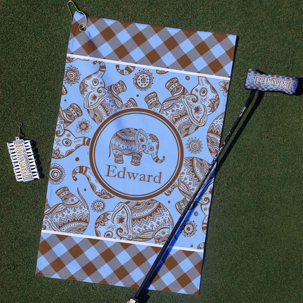 Custom Gingham & Elephants Golf Towel Gift Set (Personalized)