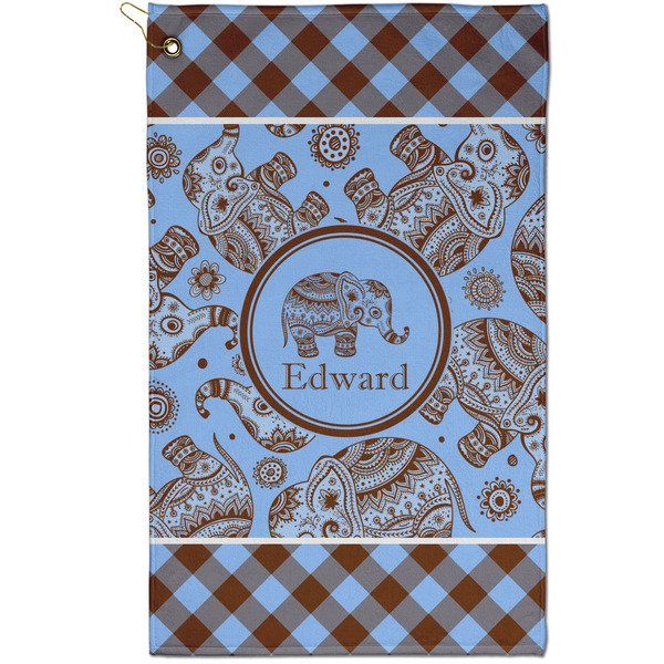 Custom Gingham & Elephants Golf Towel - Poly-Cotton Blend - Small w/ Name or Text