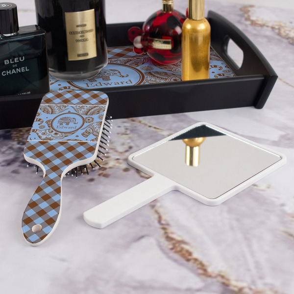 Gingham & Elephants Hair Brush - With Hand Mirror