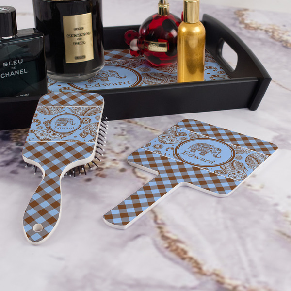 Gingham & Elephants Hair Brush and Hand Mirror - Bathroom Scene