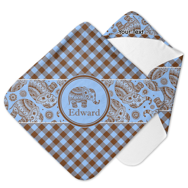 Custom Gingham & Elephants Hooded Baby Towel (Personalized)