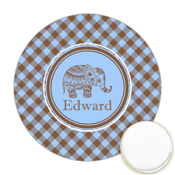 Custom Gingham & Elephants Printed Cookie Topper - Round (Personalized)