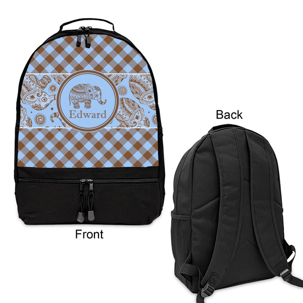 Gingham & Elephants Large Backpack - Black - Front & Back View