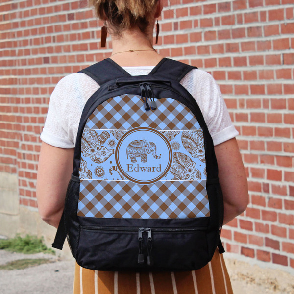 Gingham & Elephants Large Backpack - Black - On Back