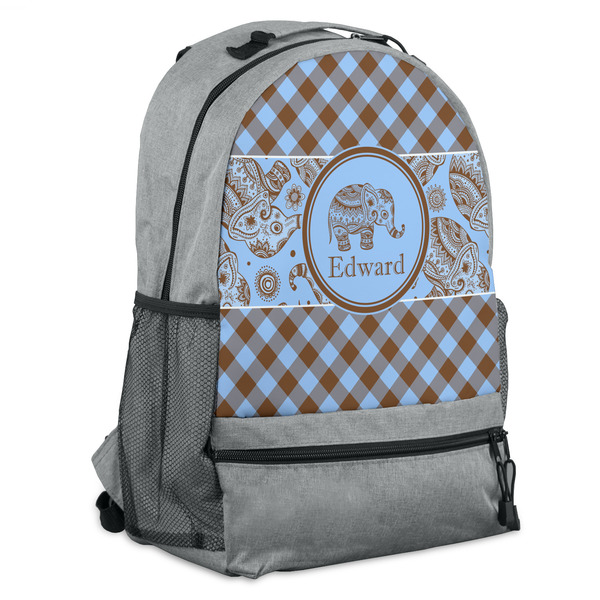 Custom Gingham & Elephants Backpack - Grey (Personalized)