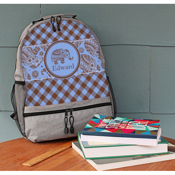 Gingham & Elephants Large Backpack - Gray - On Desk