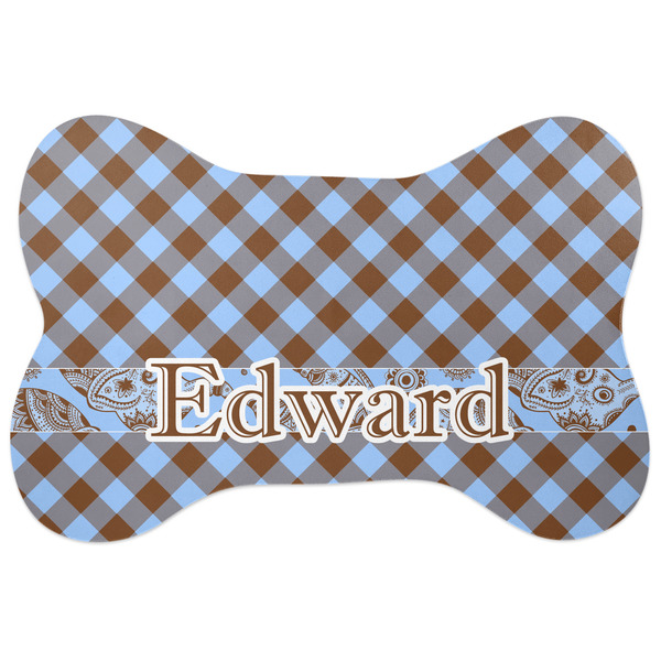 Custom Gingham & Elephants Bone Shaped Dog Food Mat (Large) (Personalized)