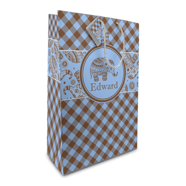 Custom Gingham & Elephants Large Gift Bag (Personalized)