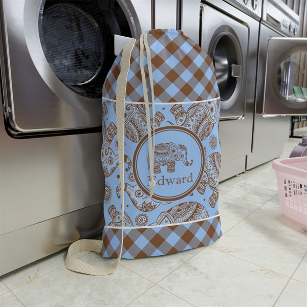 Gingham & Elephants Large Laundry Bag - In Context
