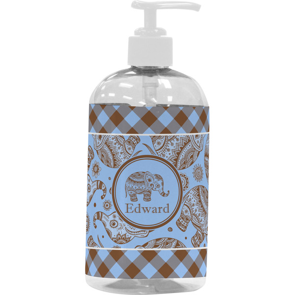 Custom Gingham & Elephants Plastic Soap / Lotion Dispenser (16 oz - Large - White) (Personalized)