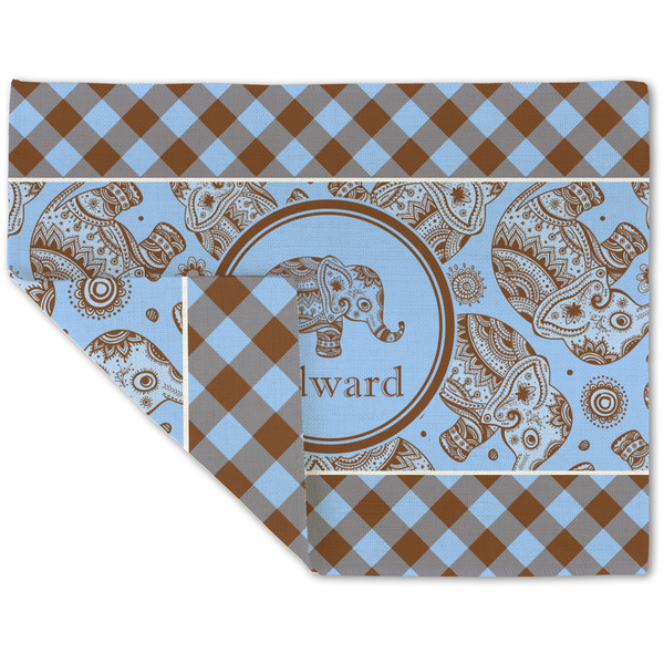 Custom Gingham & Elephants Double-Sided Linen Placemat - Single w/ Name or Text
