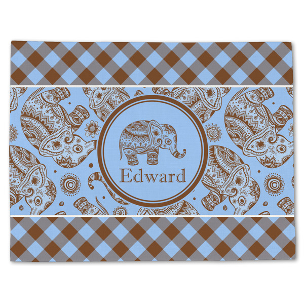Custom Gingham & Elephants Single-Sided Linen Placemat - Single w/ Name or Text
