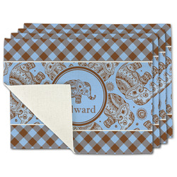 Gingham & Elephants Single-Sided Linen Placemat - Set of 4 w/ Name or Text