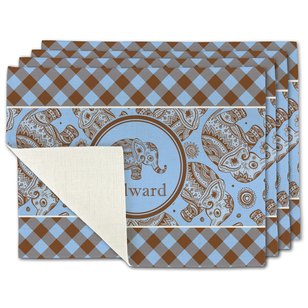 Custom Gingham & Elephants Single-Sided Linen Placemat - Set of 4 w/ Name or Text