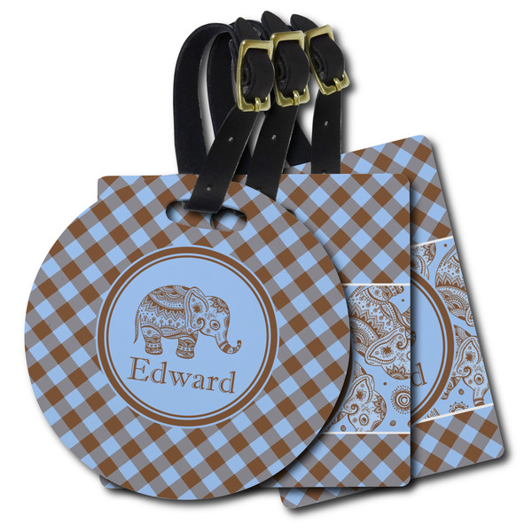Custom Gingham & Elephants Plastic Luggage Tag (Personalized)