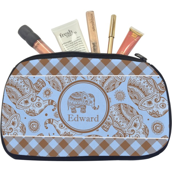 Custom Gingham & Elephants Makeup / Cosmetic Bag - Medium (Personalized)