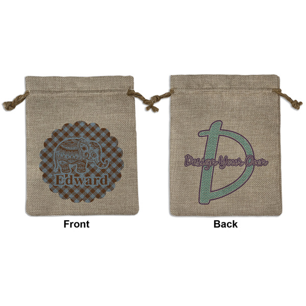 Custom Gingham & Elephants Medium Burlap Gift Bag - Front & Back (Personalized)