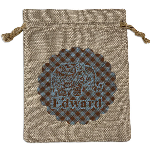 Custom Gingham & Elephants Burlap Gift Bag (Personalized)