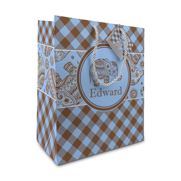 Custom Gingham & Elephants Medium Gift Bag (Personalized)