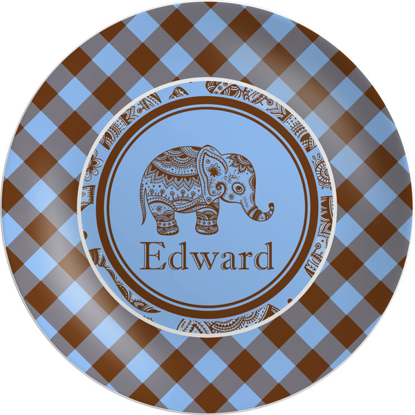 Custom Gingham & Elephants Melamine Plate (Personalized)