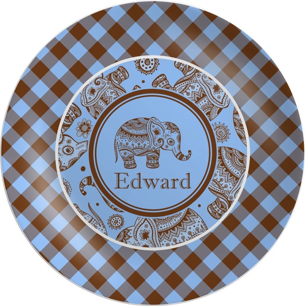 Custom Gingham & Elephants Melamine Plate (Personalized)