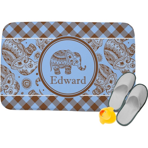 Custom Gingham & Elephants Memory Foam Bath Mat (Personalized)