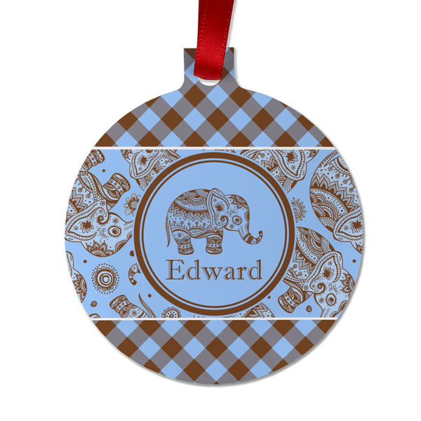 Custom Gingham & Elephants Metal Ball Ornament - Double Sided w/ Name or Text