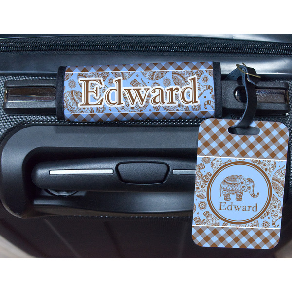 Gingham & Elephants Metal Luggage Tag & Handle Wrap - In Context