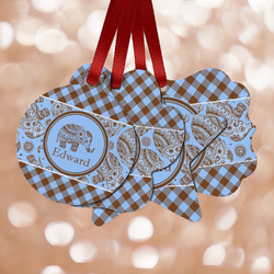 Gingham & Elephants Metal Ornaments - Double Sided w/ Name or Text