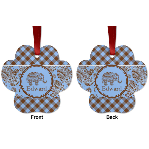 Gingham & Elephants Metal Paw Ornament - Front and Back