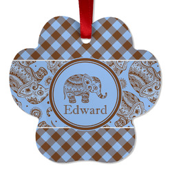 Gingham & Elephants Metal Paw Ornament - Double Sided w/ Name or Text