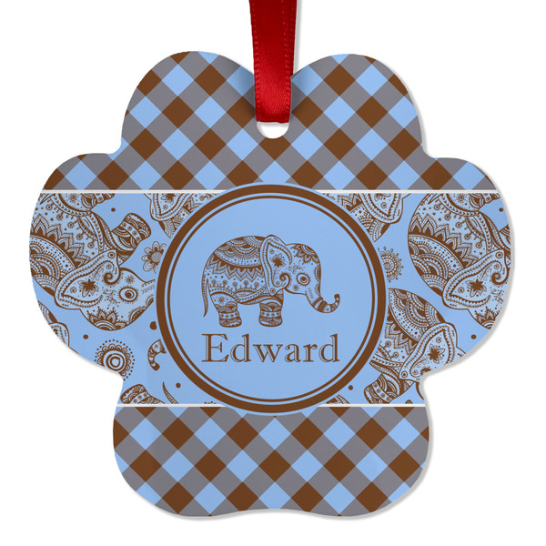 Custom Gingham & Elephants Metal Paw Ornament - Double Sided w/ Name or Text