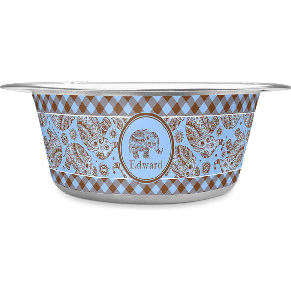 Custom Gingham & Elephants Stainless Steel Dog Bowl (Personalized)